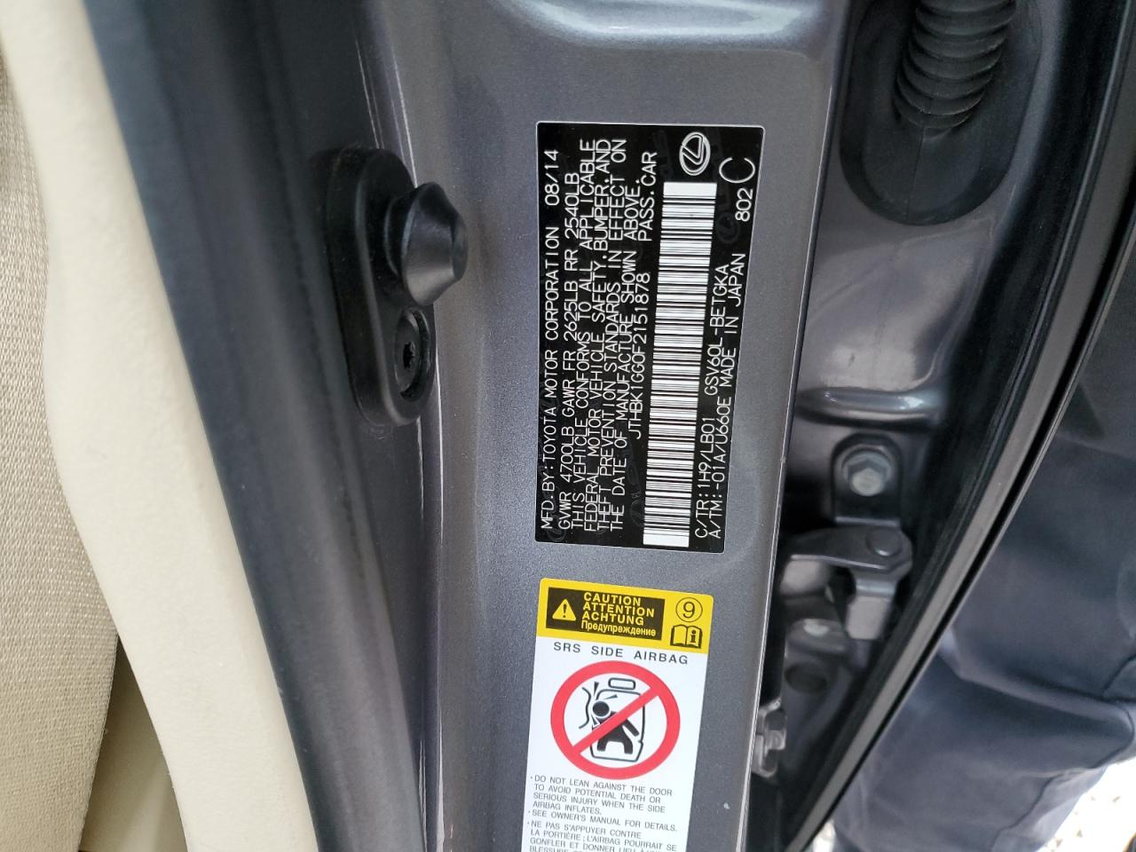 2015 Lexus ES VIN JTHBK1GG0F2151878 Copart auction photo, front end damage thumbnail 12