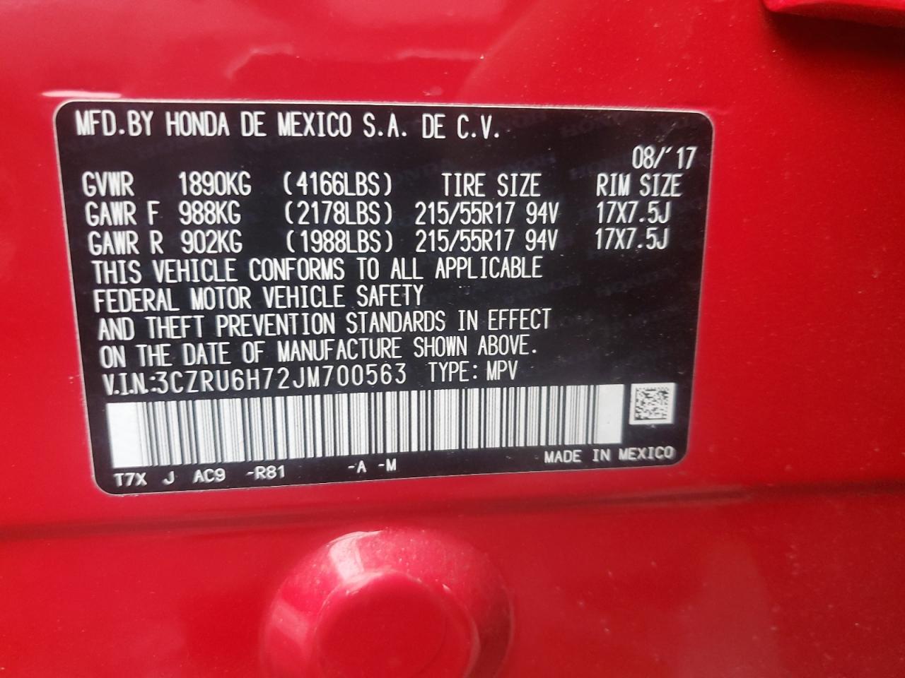 2018 Honda HR-V VIN 3CZRU6H72JM700563 Copart auction photo, rear end / top/roof damage thumbnail 12