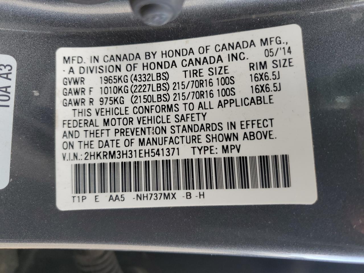 2014 Honda CR-V VIN 2HKRM3H31EH541371 Copart auction photo, front end damage thumbnail 13