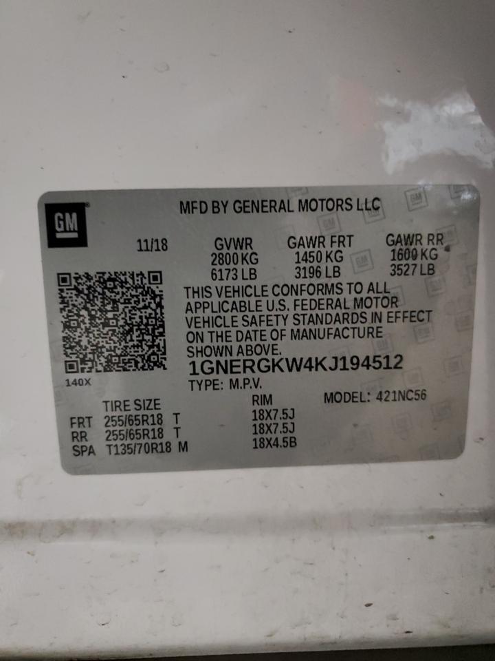 2019 Chevrolet Traverse VIN 1GNERGKW4KJ194512 Copart auction photo, front end damage thumbnail 13