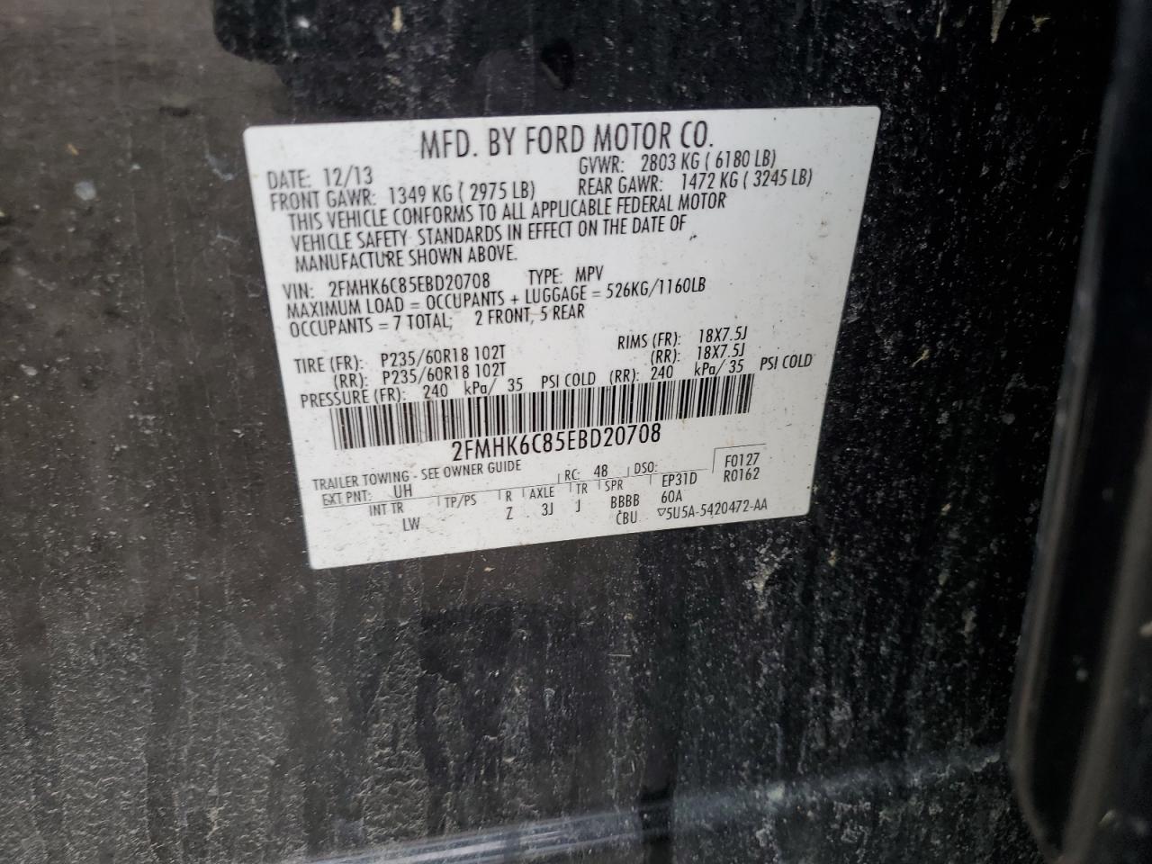 2014 Ford Flex VIN 2FMHK6C85EBD20708 Copart auction photo, all over damage thumbnail 12