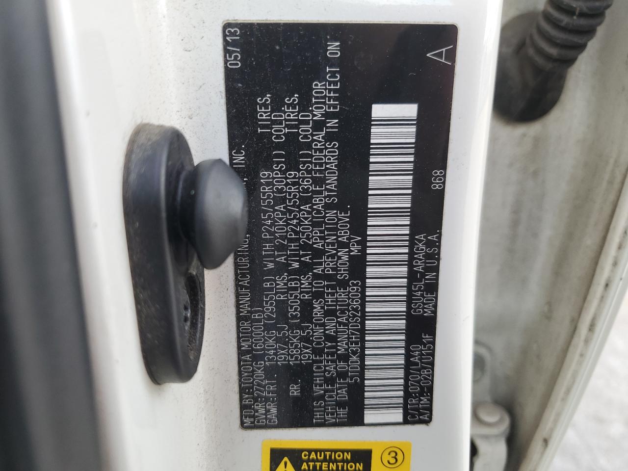 2013 Toyota Highlander VIN 5TDDK3EH7DS236093 Copart auction photo, front end damage thumbnail 13
