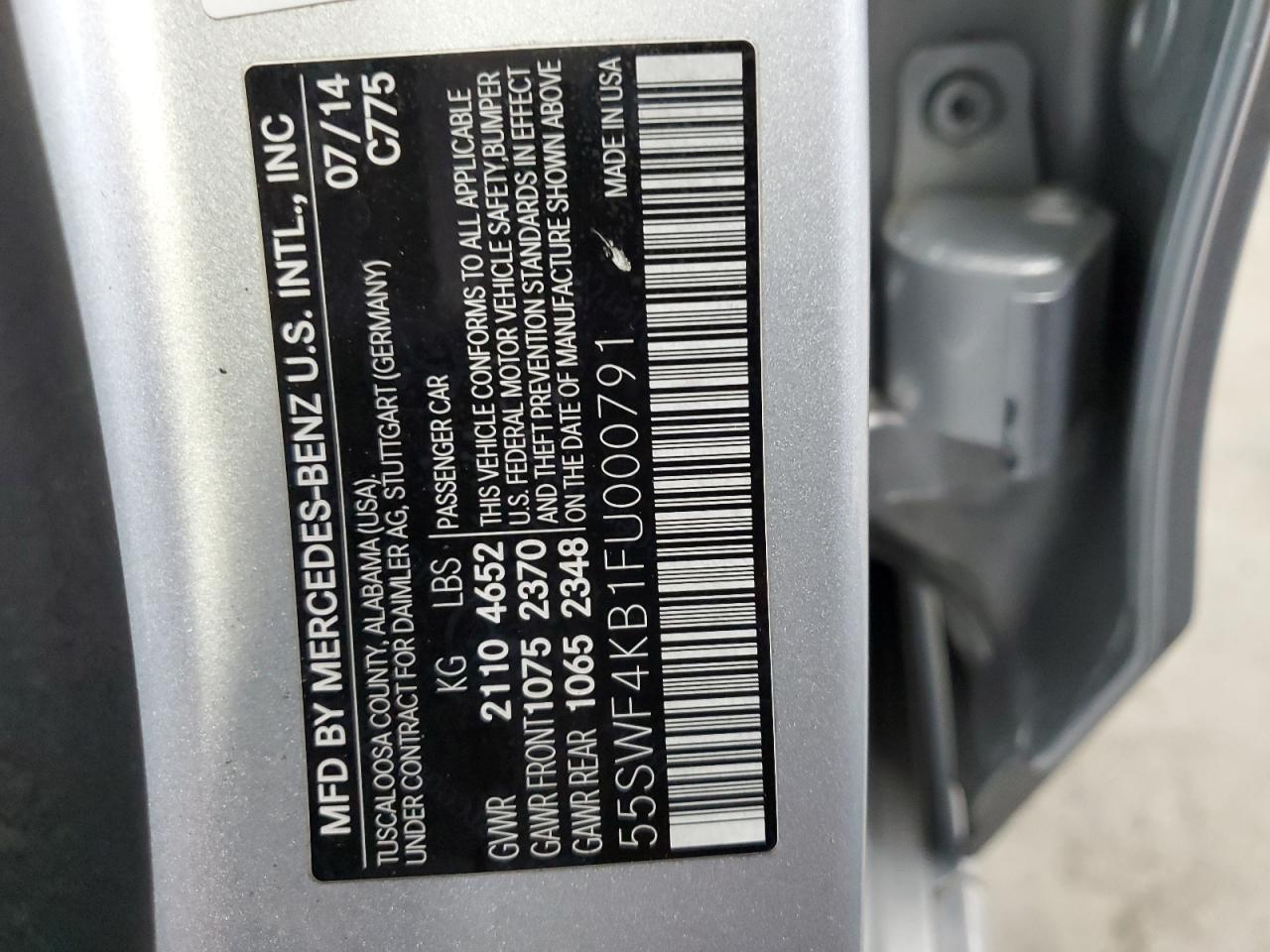 2015 Mercedes-Benz C-klasse VIN 55SWF4KB1FU000791 Copart auction photo, rear end / side damage thumbnail 12