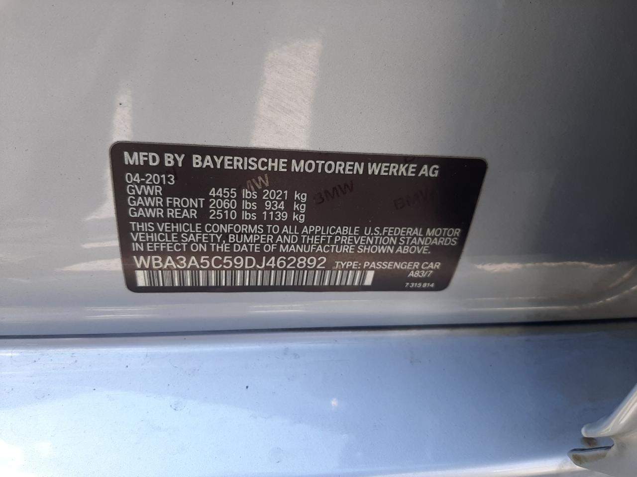 2013 BMW 3er VIN WBA3A5C59DJ462892 Copart auction photo, front end damage thumbnail 12