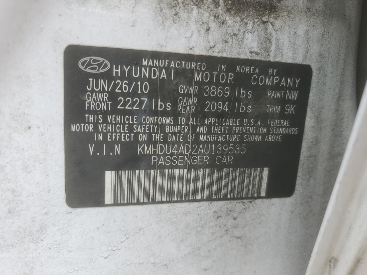 2010 Hyundai Elantra VIN KMHDU4AD2AU139535 Copart auction photo, front end damage thumbnail 12