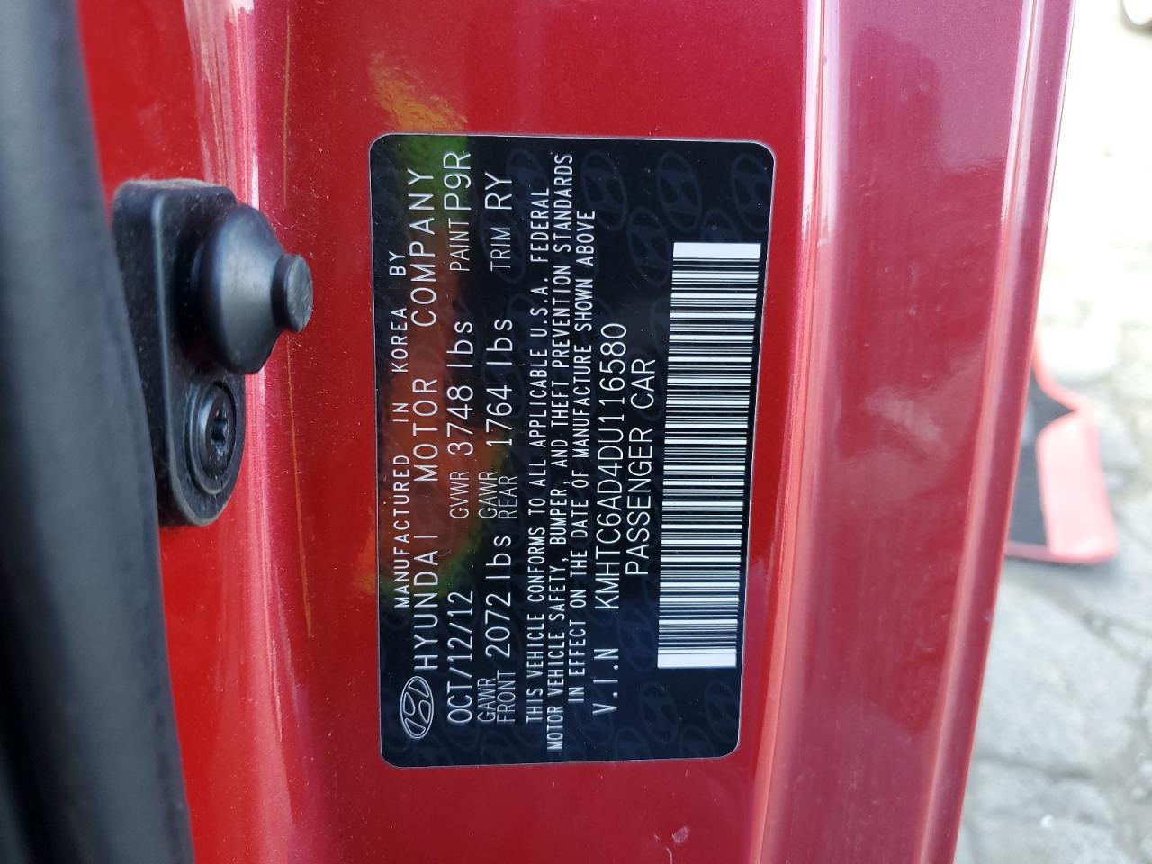 2013 Hyundai Veloster VIN KMHTC6AD4DU116580 Copart auction photo, minor dent/scratches damage thumbnail 12