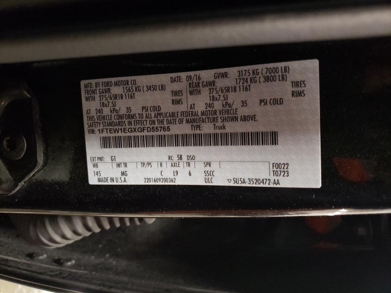 2016 Ford F-150 VIN 1FTEW1EGXGFD55765 Copart auction photo, side / front end damage thumbnail 12