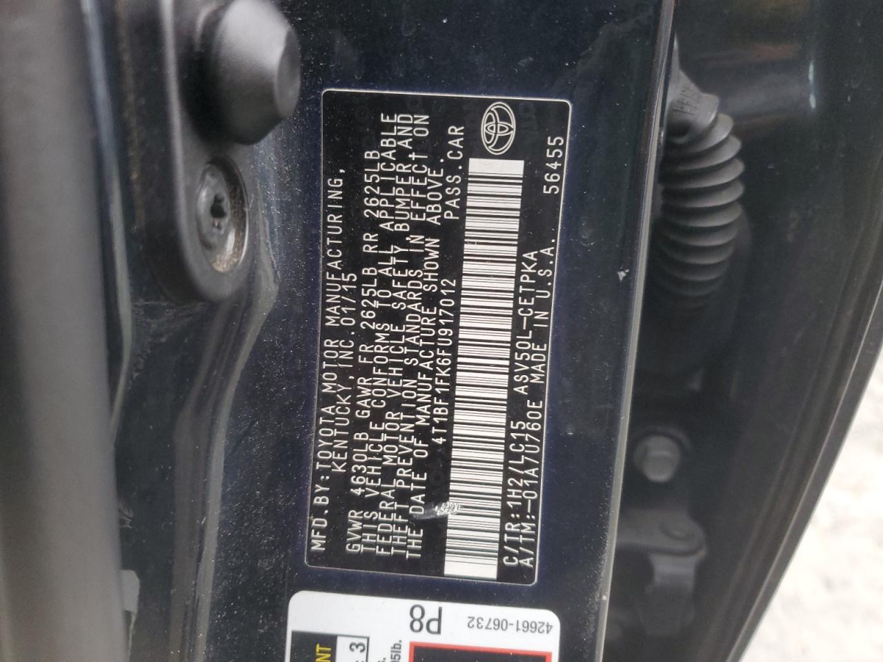 2015 Toyota Camry VIN 4T1BF1FK6FU917012 Copart auction photo, front end / rear end damage thumbnail 12