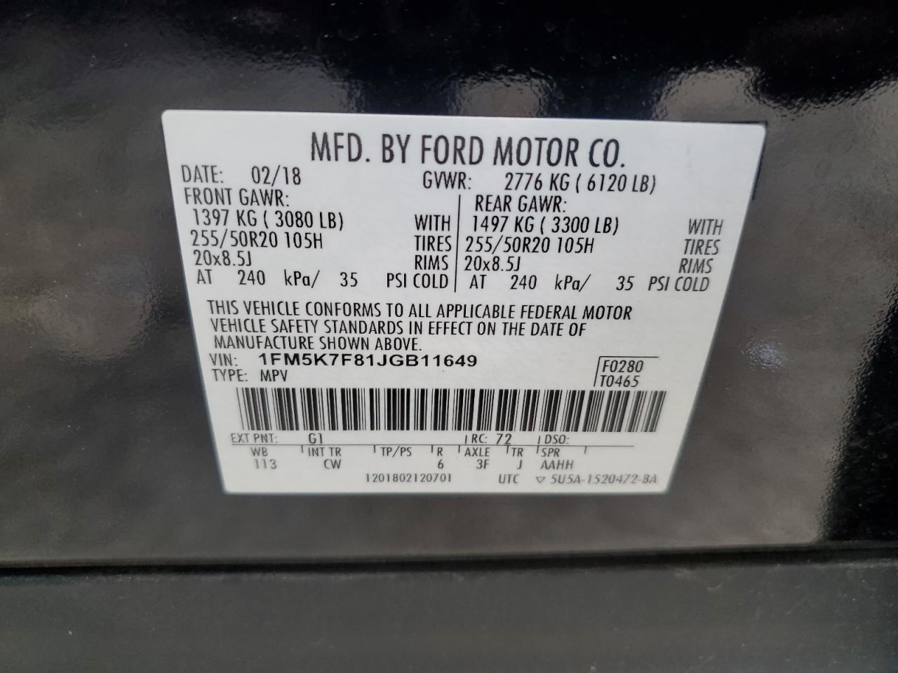 2018 Ford Explorer VIN 1FM5K7F81JGB11649 Copart auction photo, front end damage thumbnail 13