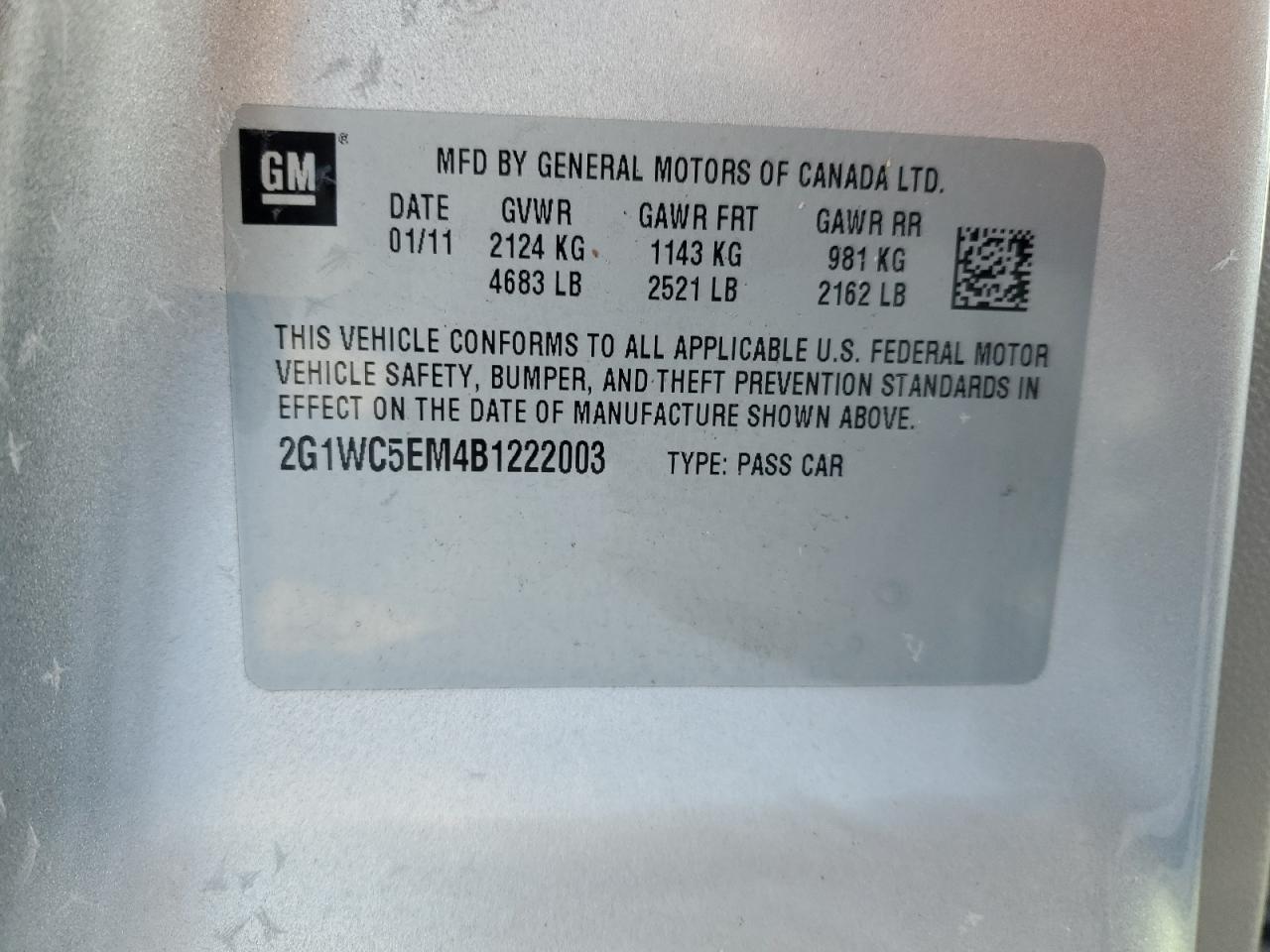 2011 Chevrolet Impala VIN 2G1WC5EM4B1222003 Copart auction photo, minor dent/scratches damage thumbnail 12