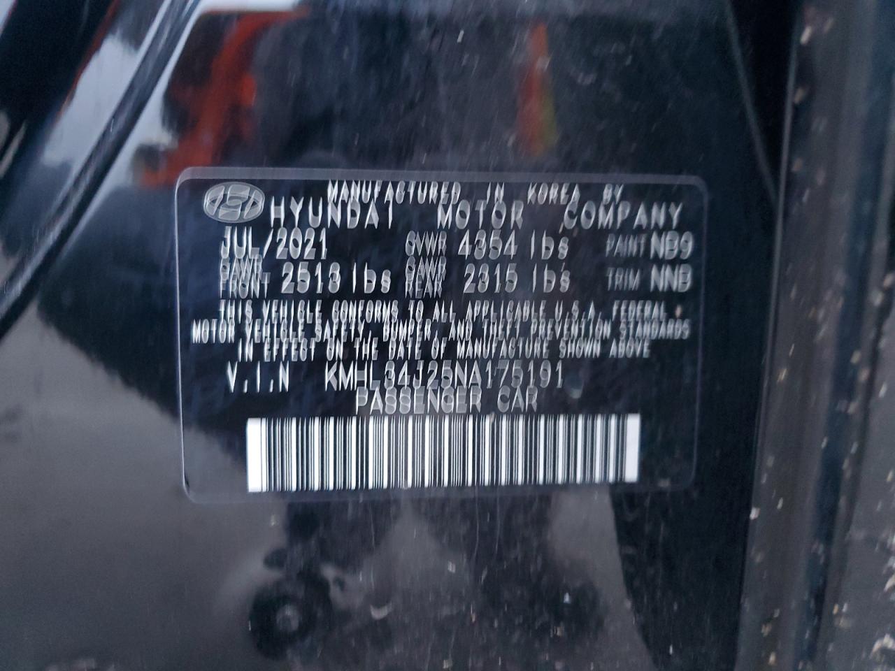 2022 Hyundai Sonata VIN KMHL34J25NA175191 Copart auction photo, side / undercarriage damage thumbnail 14
