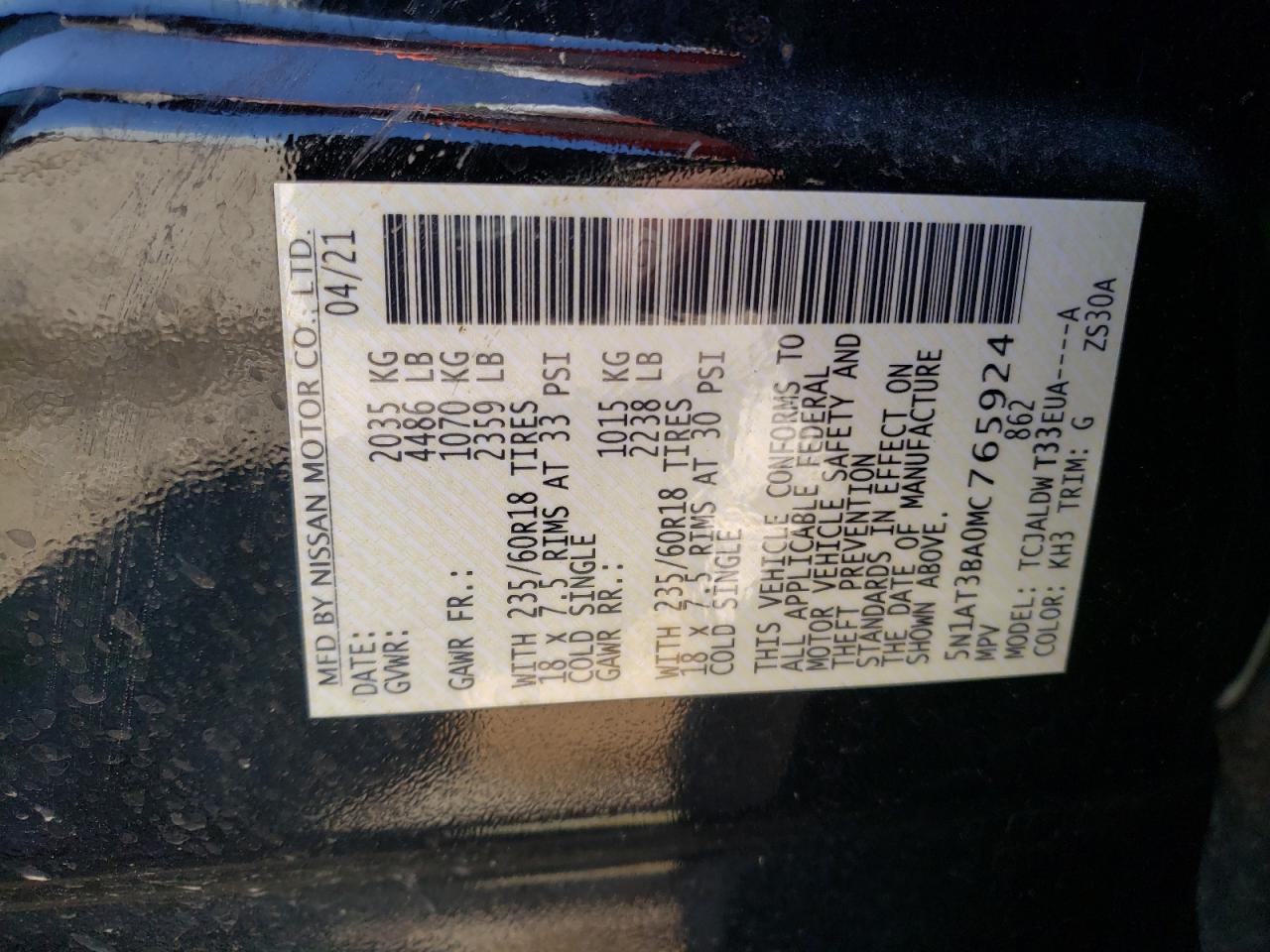 2021 Nissan Rogue VIN 5N1AT3BA0MC765924 Copart auction photo, front end damage thumbnail 13