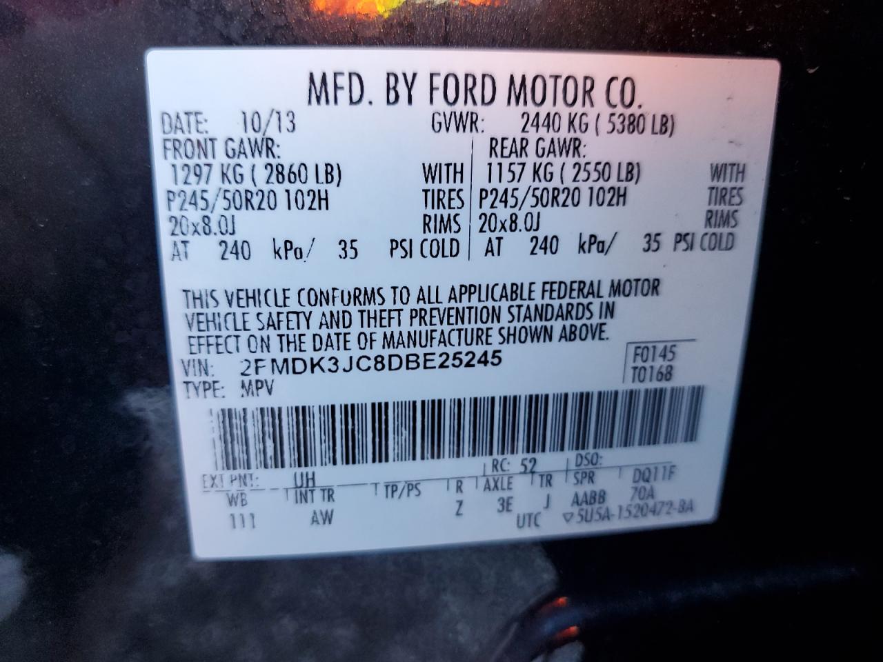 2013 Ford Edge VIN 2FMDK3JC8DBE25245 Copart auction photo, rear end / side damage thumbnail 14