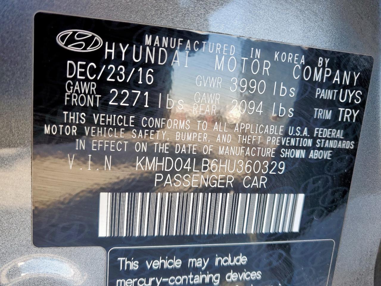 2017 Hyundai Elantra VIN KMHD04LB6HU360329 Copart auction photo, front end / rear end damage thumbnail 13