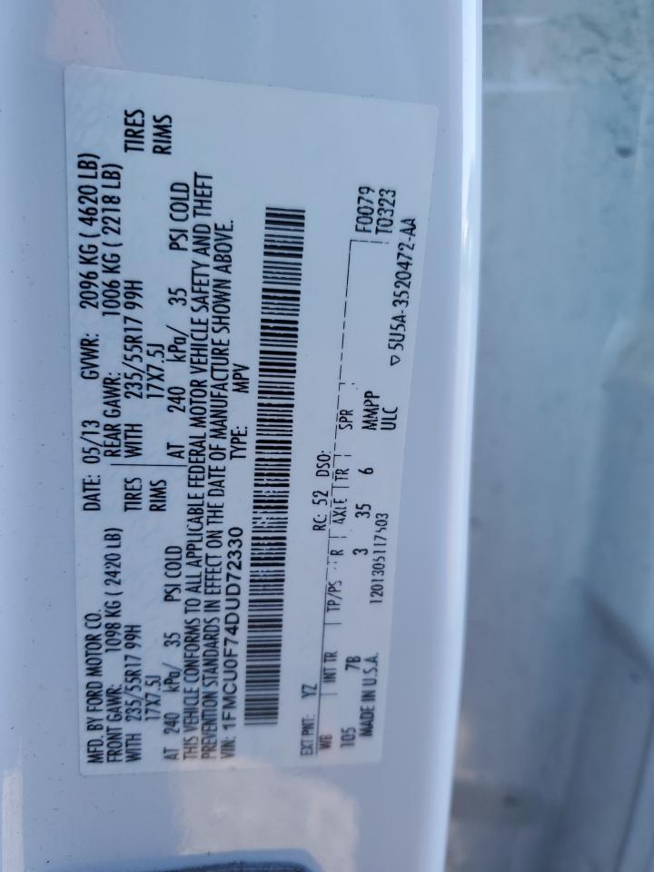 2013 Ford Escape VIN 1FMCU0F74DUD72330 Copart auction photo, front end damage thumbnail 13
