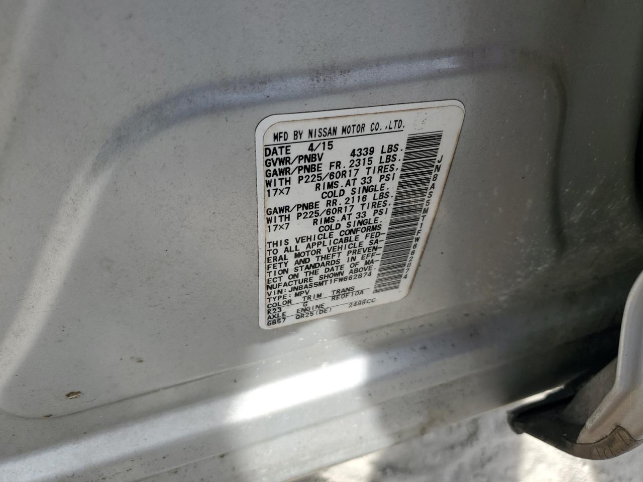 2015 Nissan Rogue VIN JN8AS5MT1FW662874 Copart auction photo, water/flood damage thumbnail 14