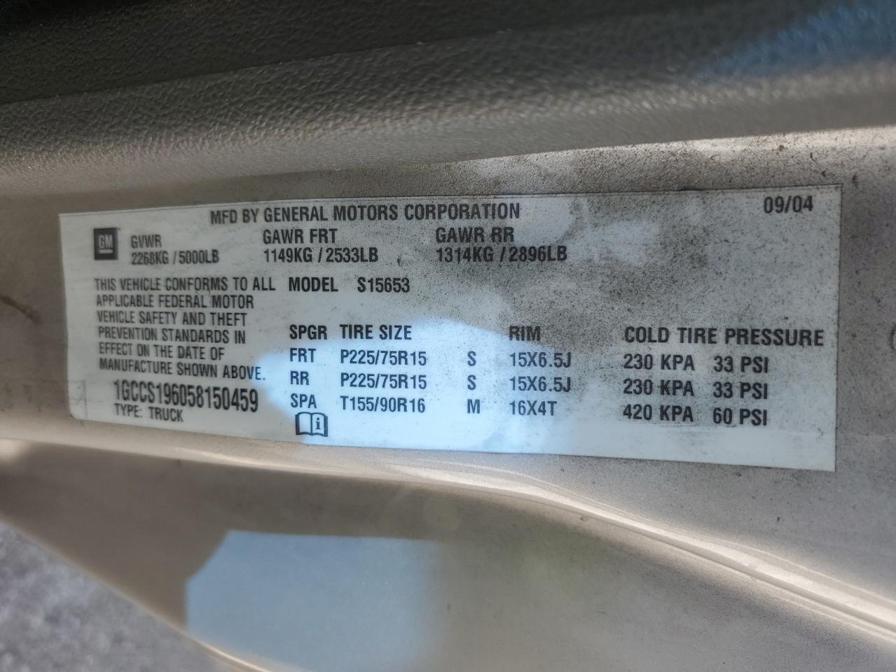 2005 Chevrolet Colorado VIN 1GCCS196058150459 Copart auction photo, front end / side damage thumbnail 12