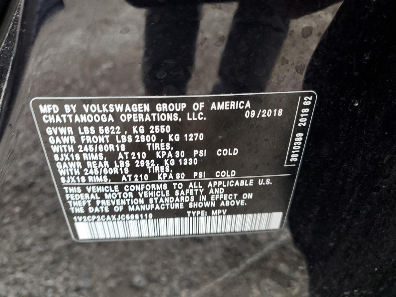 2018 Volkswagen Atlas VIN 1V2CP2CAXJC598119 Copart auction photo, front end damage thumbnail 14
