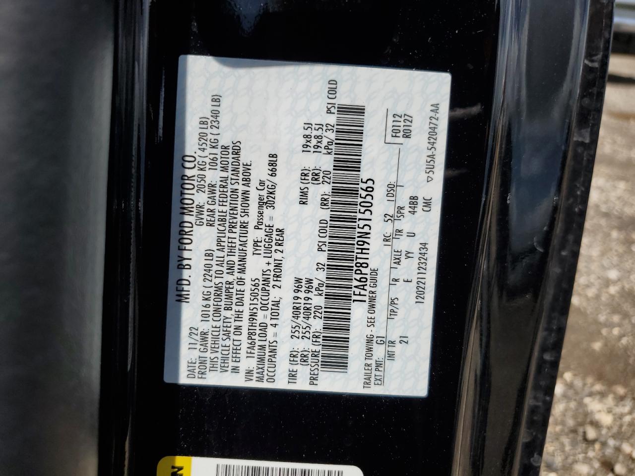 2022 Ford Mustang VIN 1FA6P8TH9N5150565 Copart auction photo, front end / minor dent/scratches damage thumbnail 15