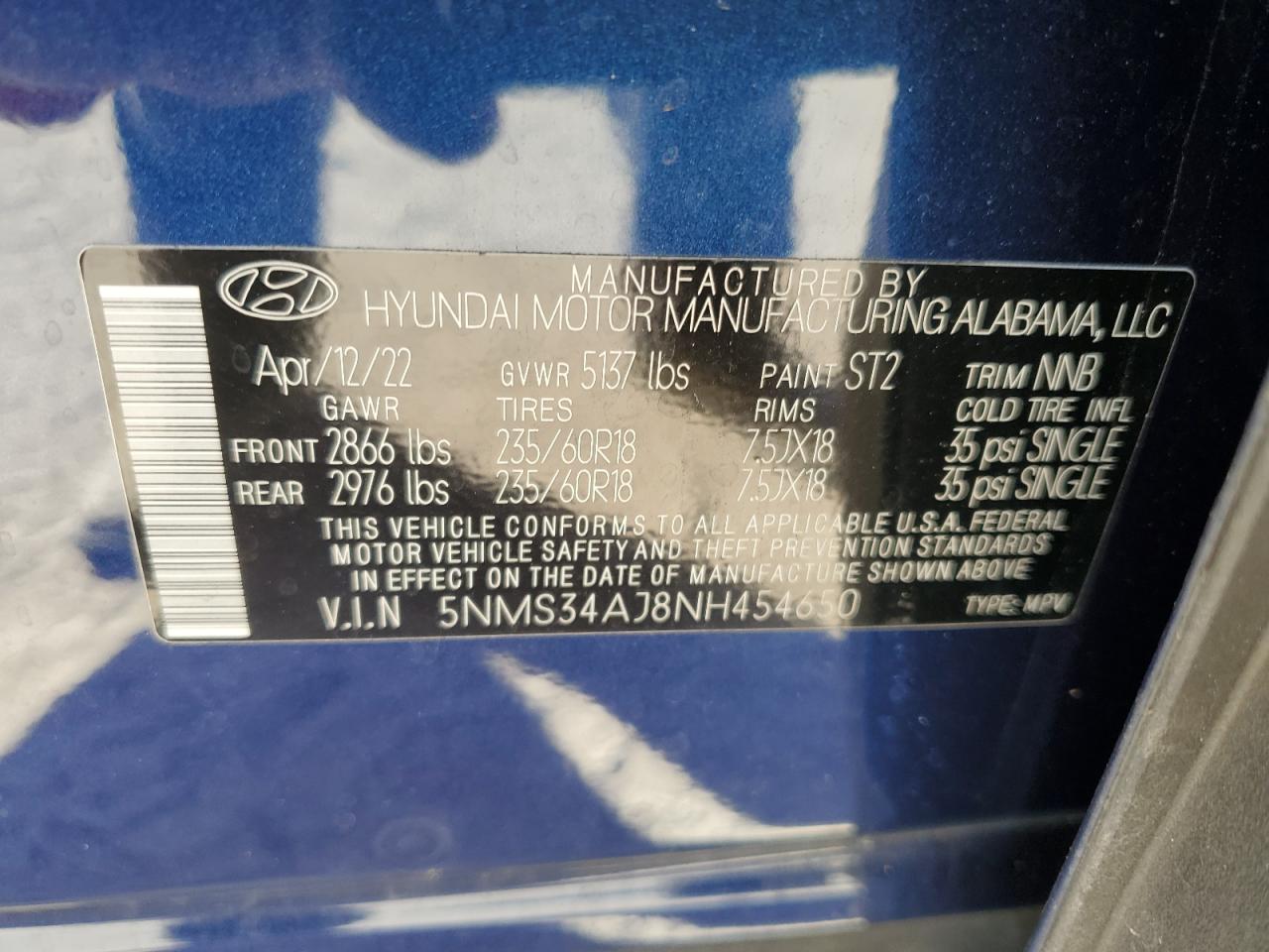2022 Hyundai Santa Fe VIN 5NMS34AJ8NH454650 Copart auction photo, undercarriage / minor dent/scratches damage thumbnail 13