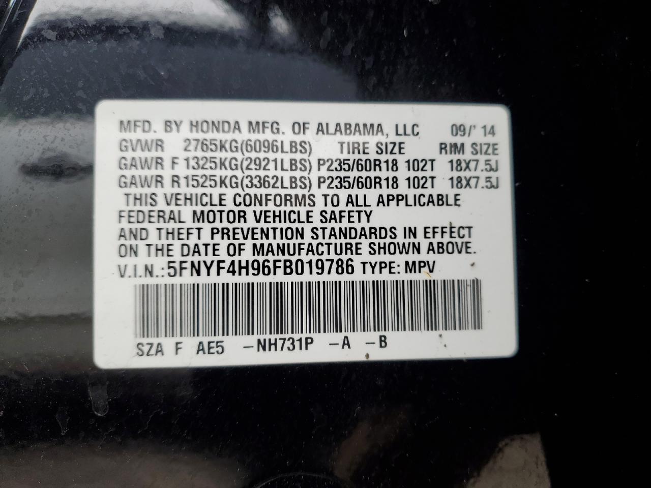 2015 Honda Pilot VIN 5FNYF4H96FB019786 Copart auction photo, front end / minor dent/scratches damage thumbnail 13