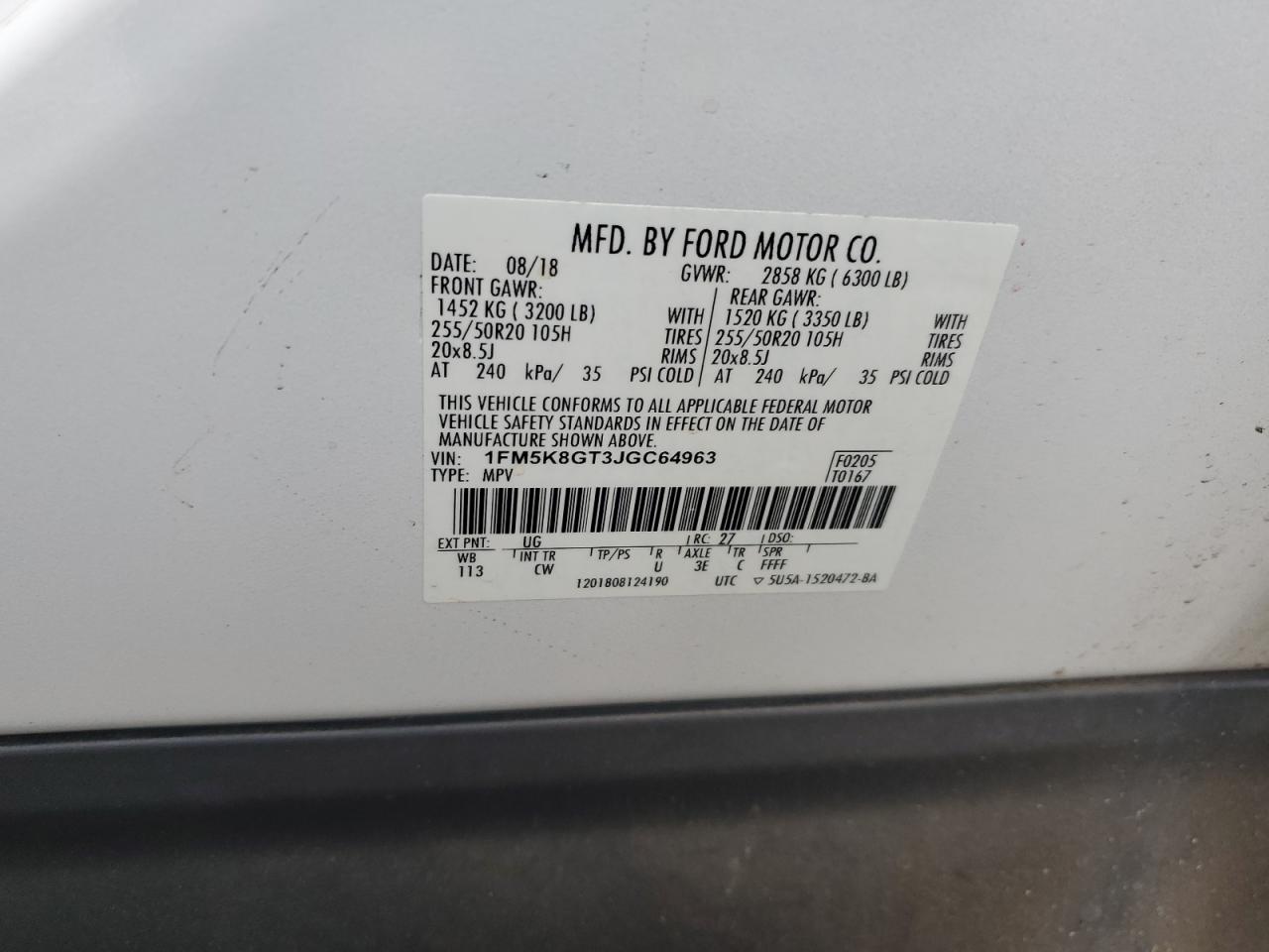 2018 Ford Explorer VIN 1FM5K8GT3JGC64963 Copart auction photo, front end / undercarriage damage thumbnail 13