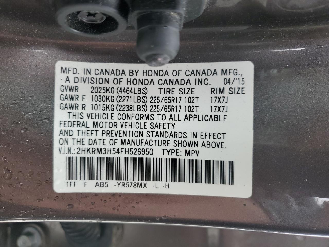 2015 Honda CR-V VIN 2HKRM3H54FH526950 Copart auction photo, front end damage thumbnail 14