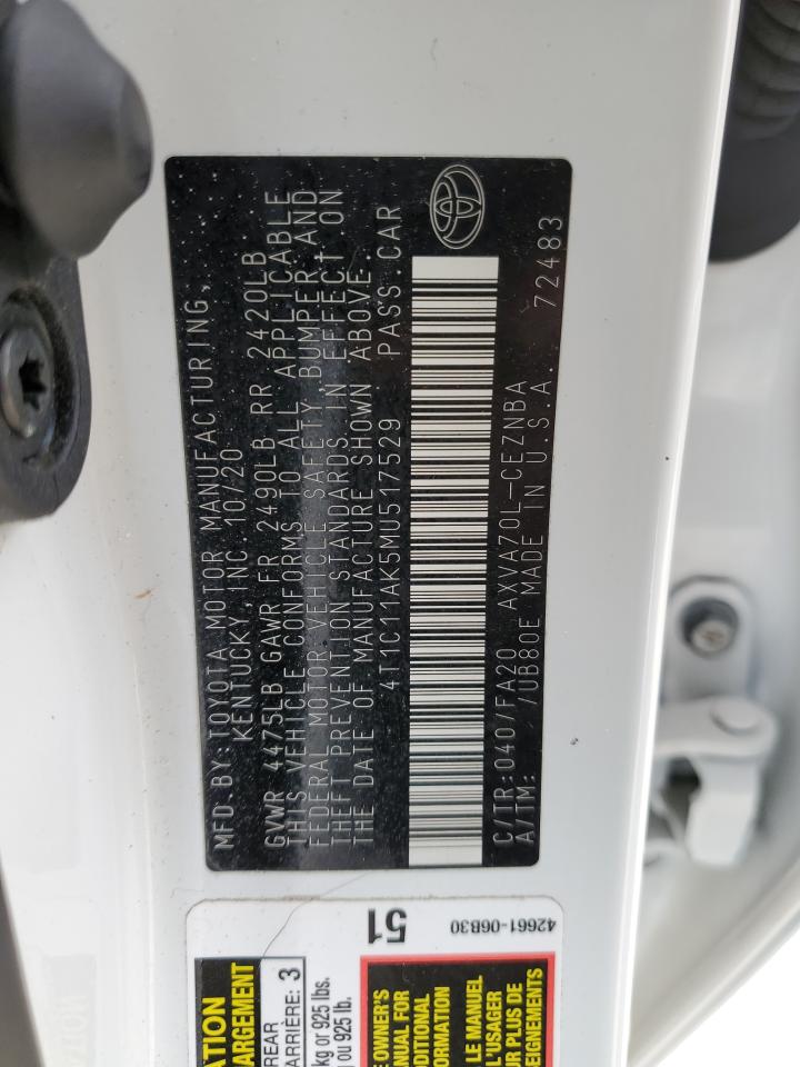2021 Toyota Camry VIN 4T1C11AK5MU517529 Copart auction photo, rear end / minor dent/scratches damage thumbnail 12