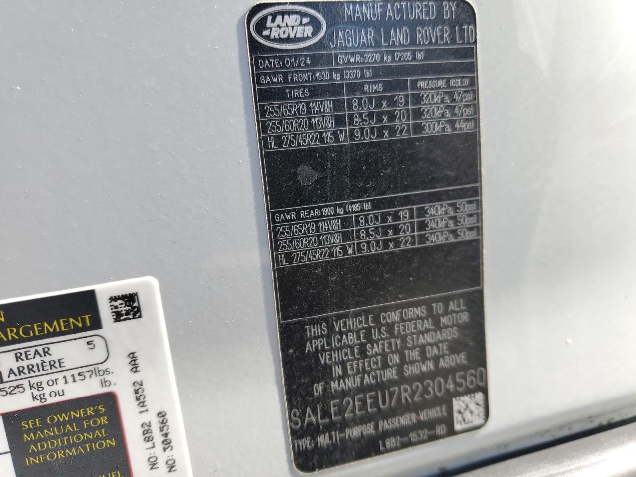 2024 Land Rover Defender VIN SALE2EEU7R2304560 Copart auction photo, front end damage thumbnail 14