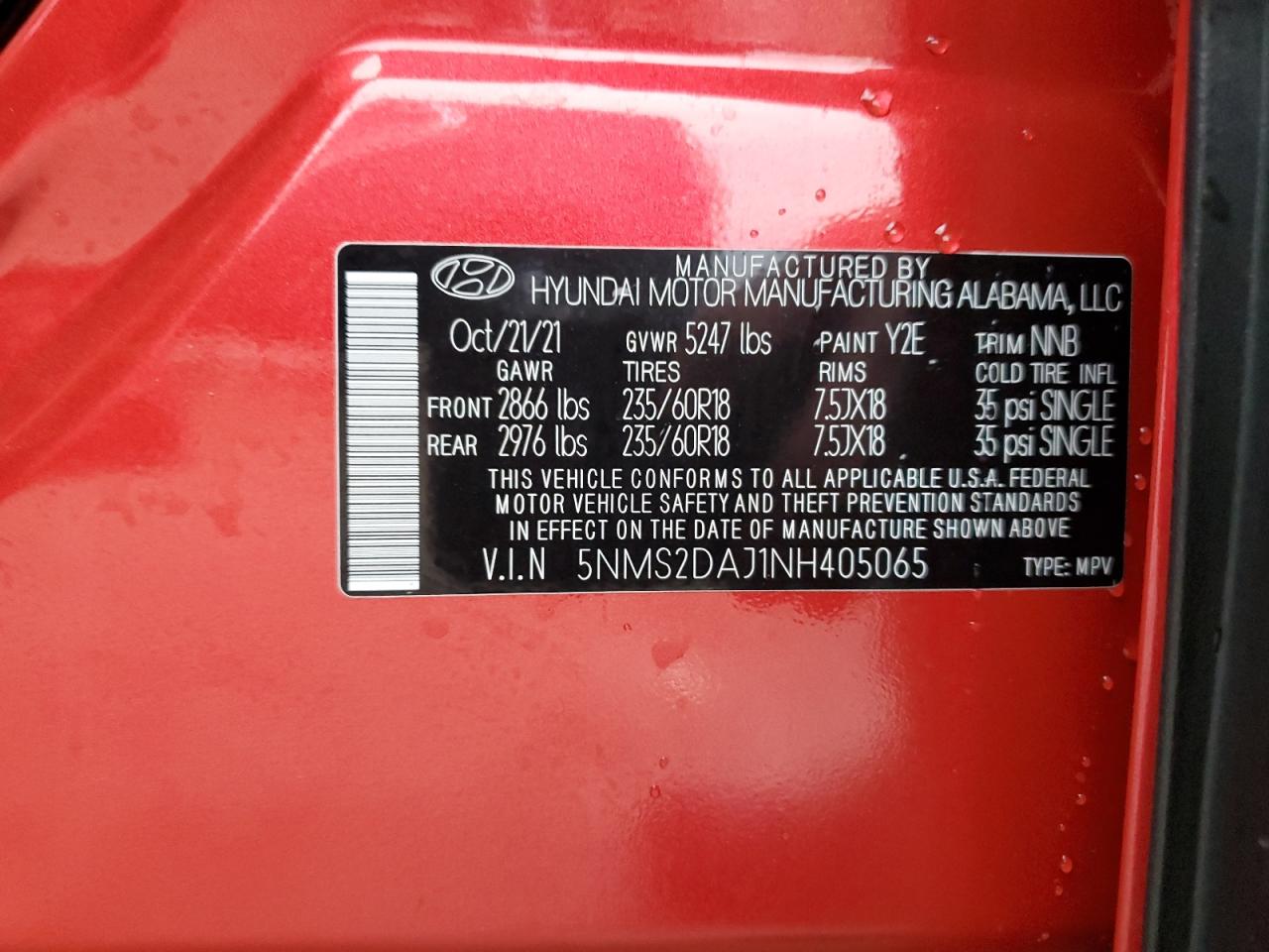2022 Hyundai Santa Fe VIN 5NMS2DAJ1NH405065 Copart auction photo, side / front end damage thumbnail 14