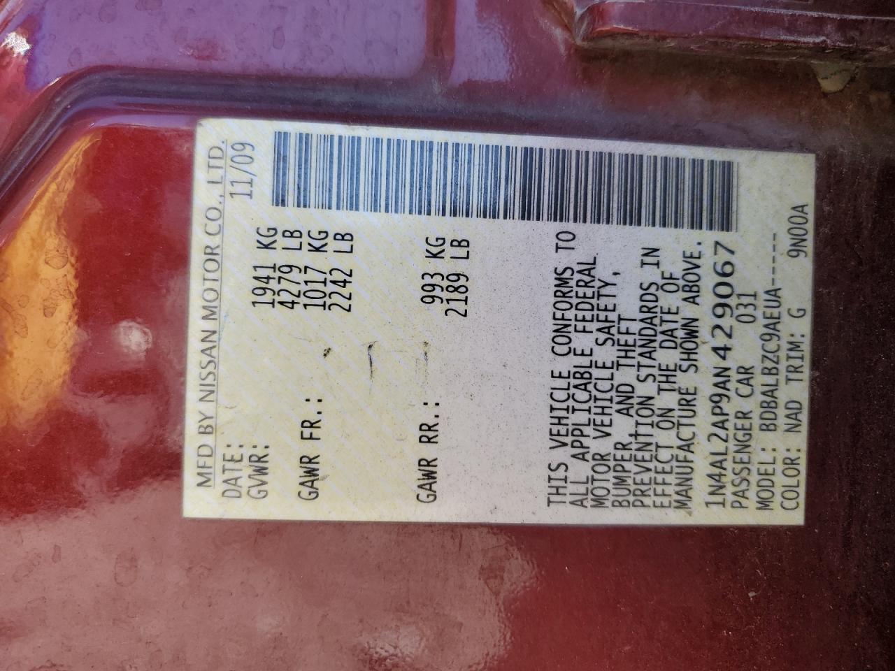 2010 Nissan Altima VIN 1N4AL2AP9AN429067 Copart auction photo, rear end damage thumbnail 14