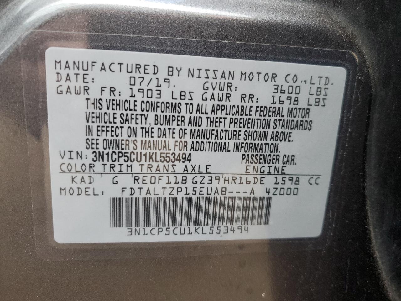 2019 Nissan Kicks VIN 3N1CP5CU1KL553494 Copart auction photo, front end / minor dent/scratches damage thumbnail 15