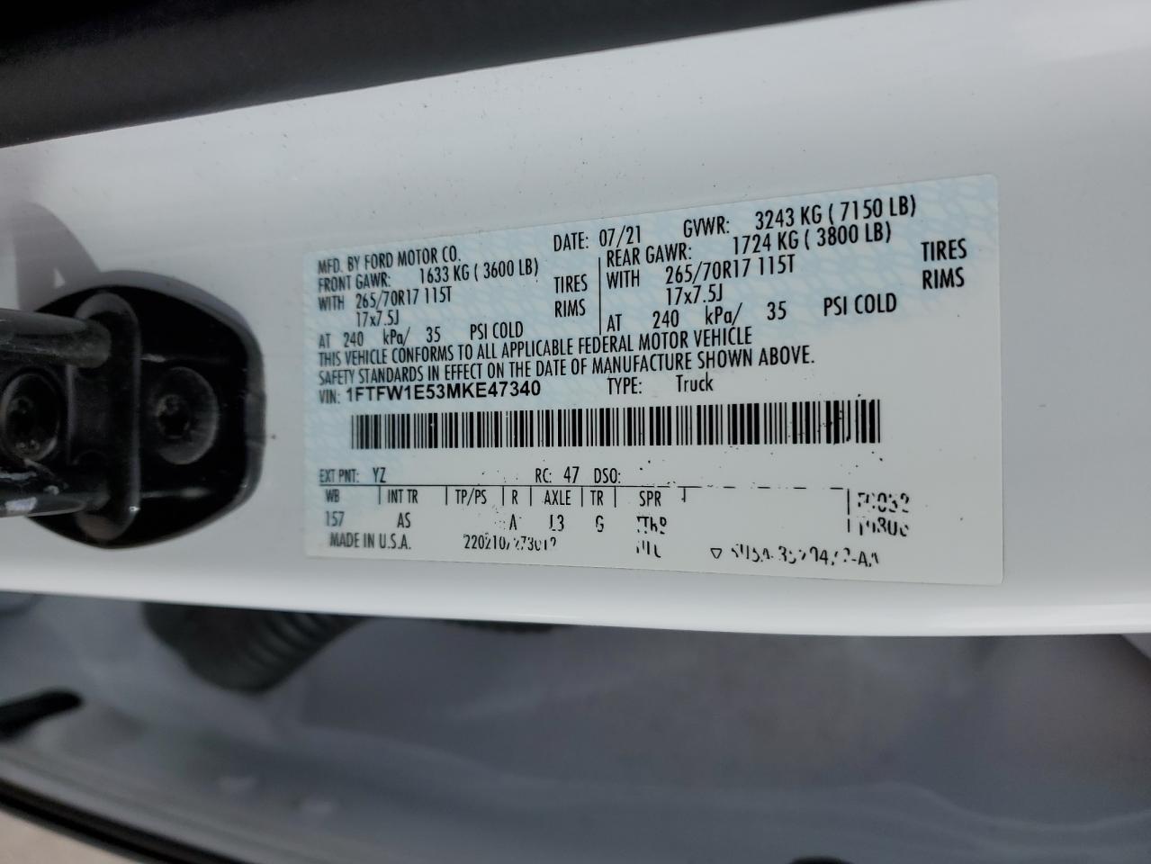 2021 Ford F-150 VIN 1FTFW1E53MKE47340 Copart auction photo, side damage thumbnail 12