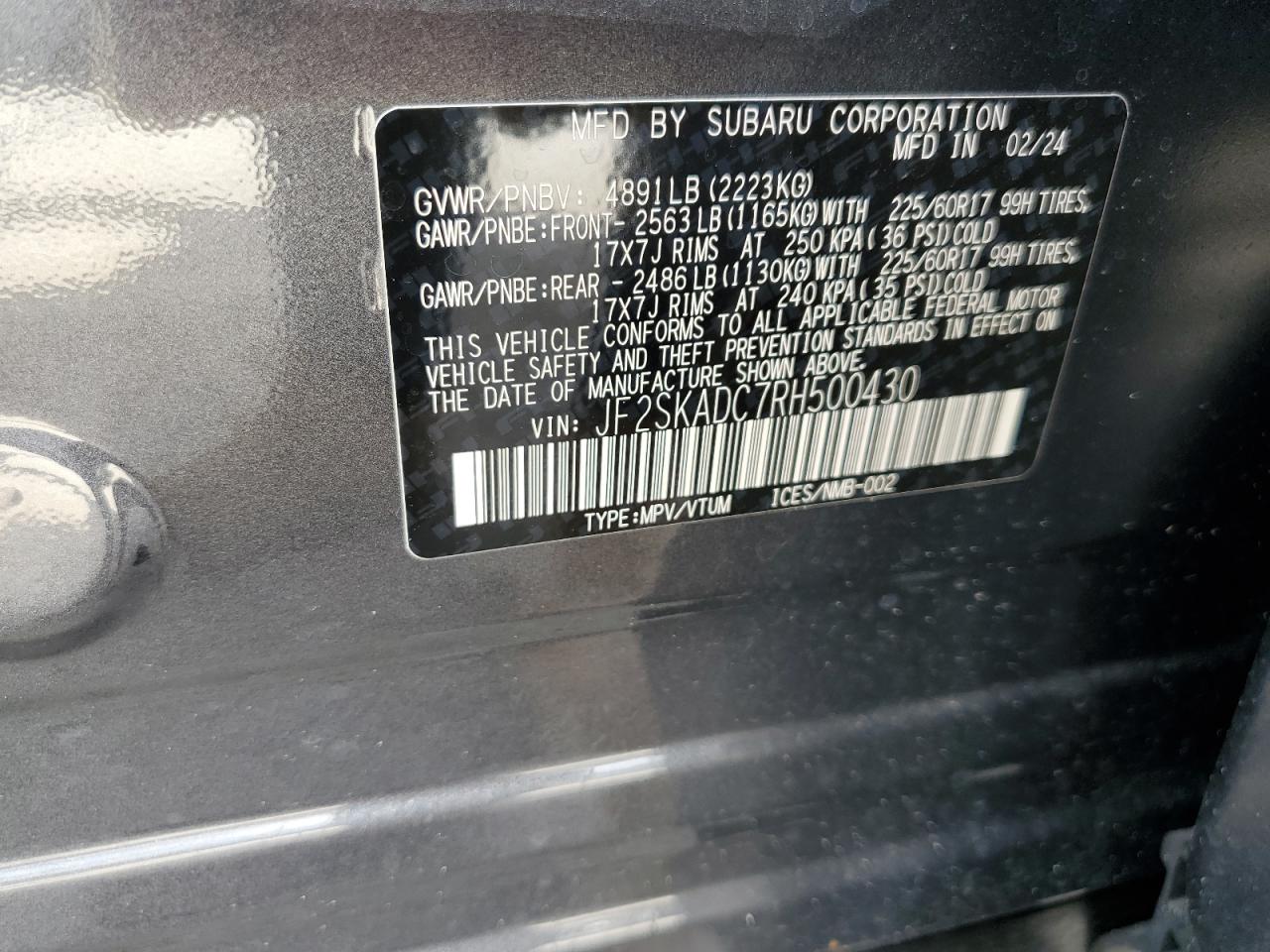 2024 Subaru Forester VIN JF2SKADC7RH500430 Copart auction photo, front end / undercarriage damage thumbnail 12