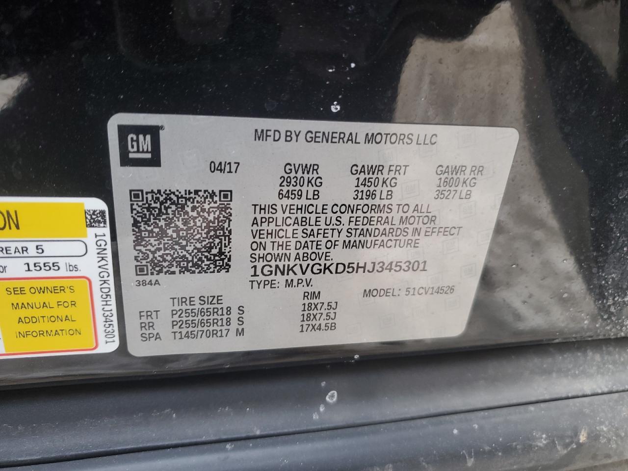 2017 Chevrolet Traverse VIN 1GNKVGKD5HJ345301 Copart auction photo, front end damage thumbnail 13