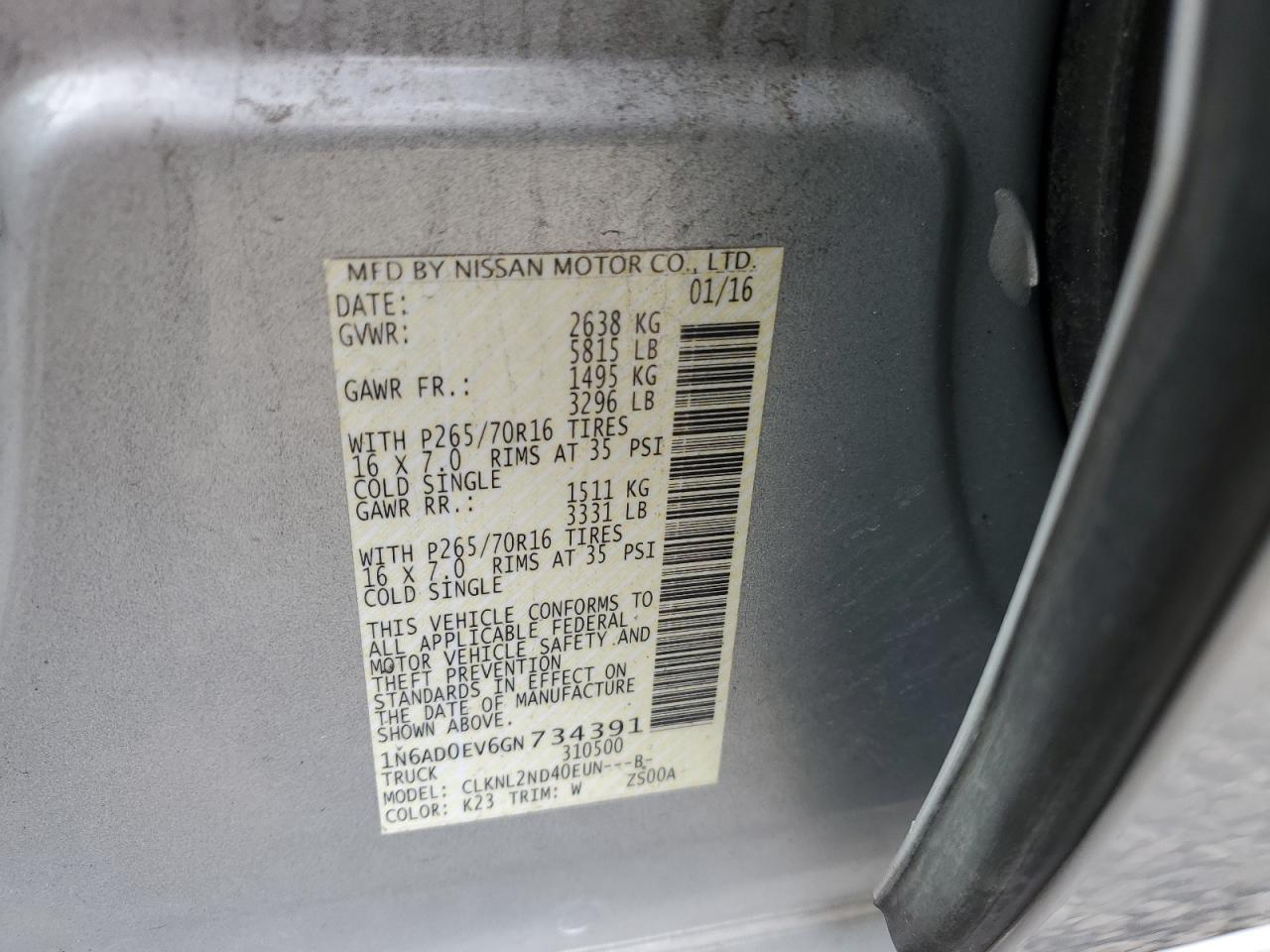 2016 Nissan Navara (Frontier) VIN 1N6AD0EV6GN734391 Copart auction photo, rear end damage thumbnail 12