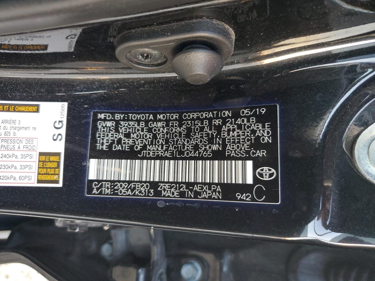 2020 Toyota Corolla VIN JTDEPRAE1LJ044765 Copart auction photo, front end / side damage thumbnail 13