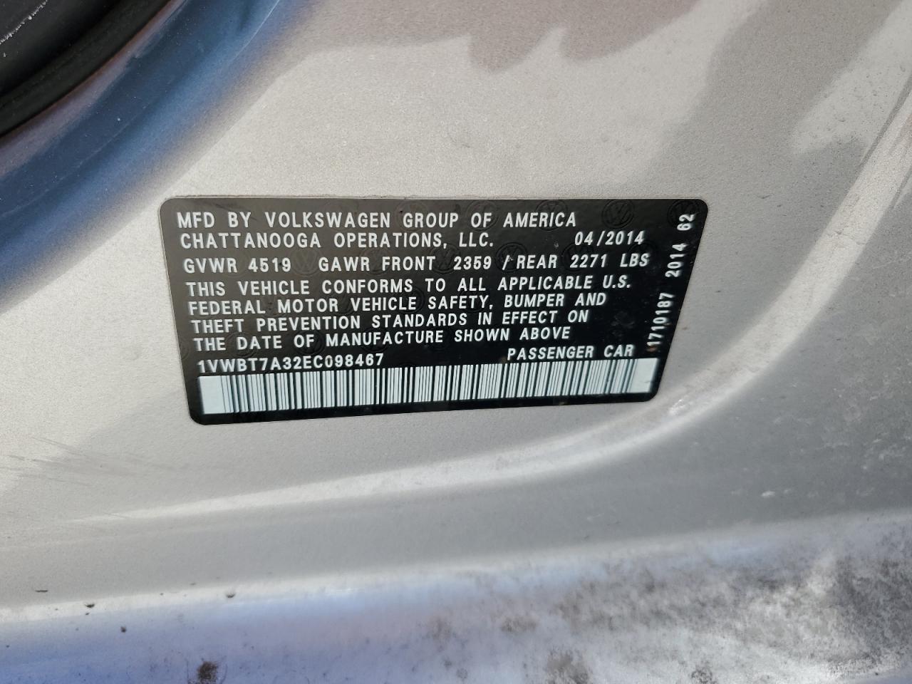 2014 Volkswagen Passat VIN 1VWBT7A32EC098467 Copart auction photo, minor dent/scratches damage thumbnail 12