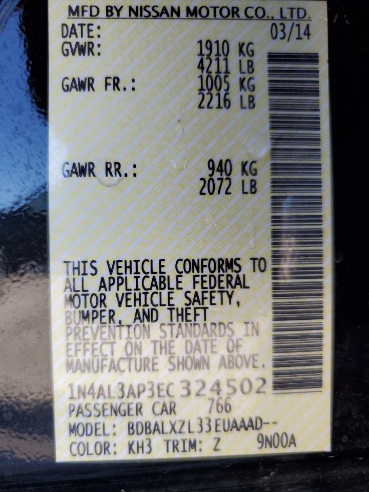 2014 Nissan Altima VIN 1N4AL3AP3EC324502 Copart auction photo, side damage thumbnail 12