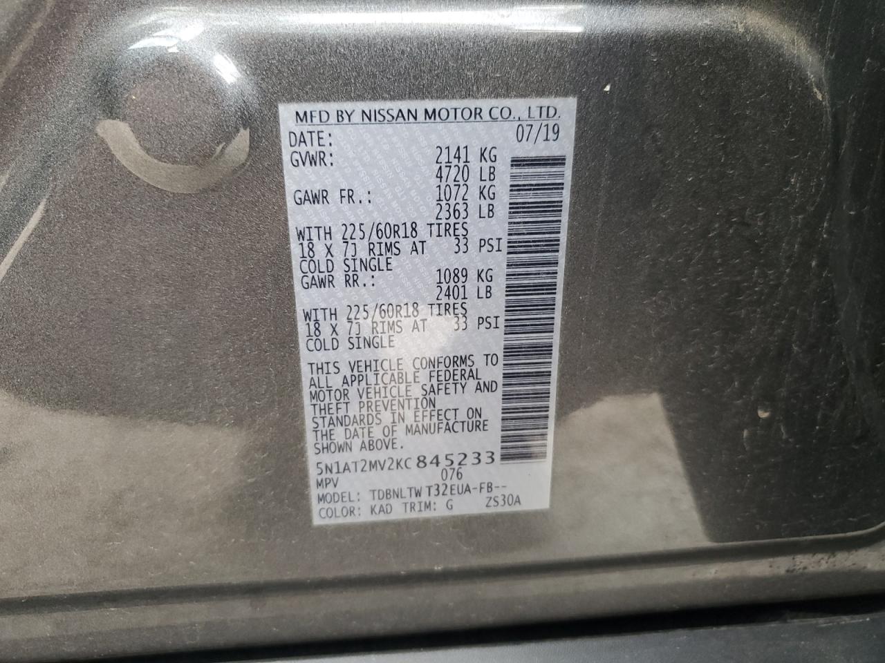 2019 Nissan Rogue VIN 5N1AT2MV2KC845233 Copart auction photo, biohazard/chemical / front end damage thumbnail 12