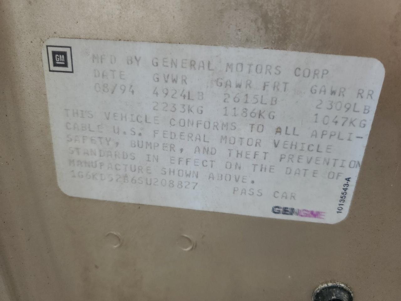 1995 Cadillac De Ville VIN 1G6KD52B6SU208827 Copart auction photo, rear end damage thumbnail 14