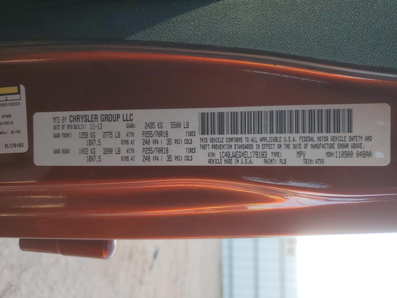 2014 Jeep Wrangler VIN 1C4BJWEGXEL179183 Copart auction photo, front end damage thumbnail 12