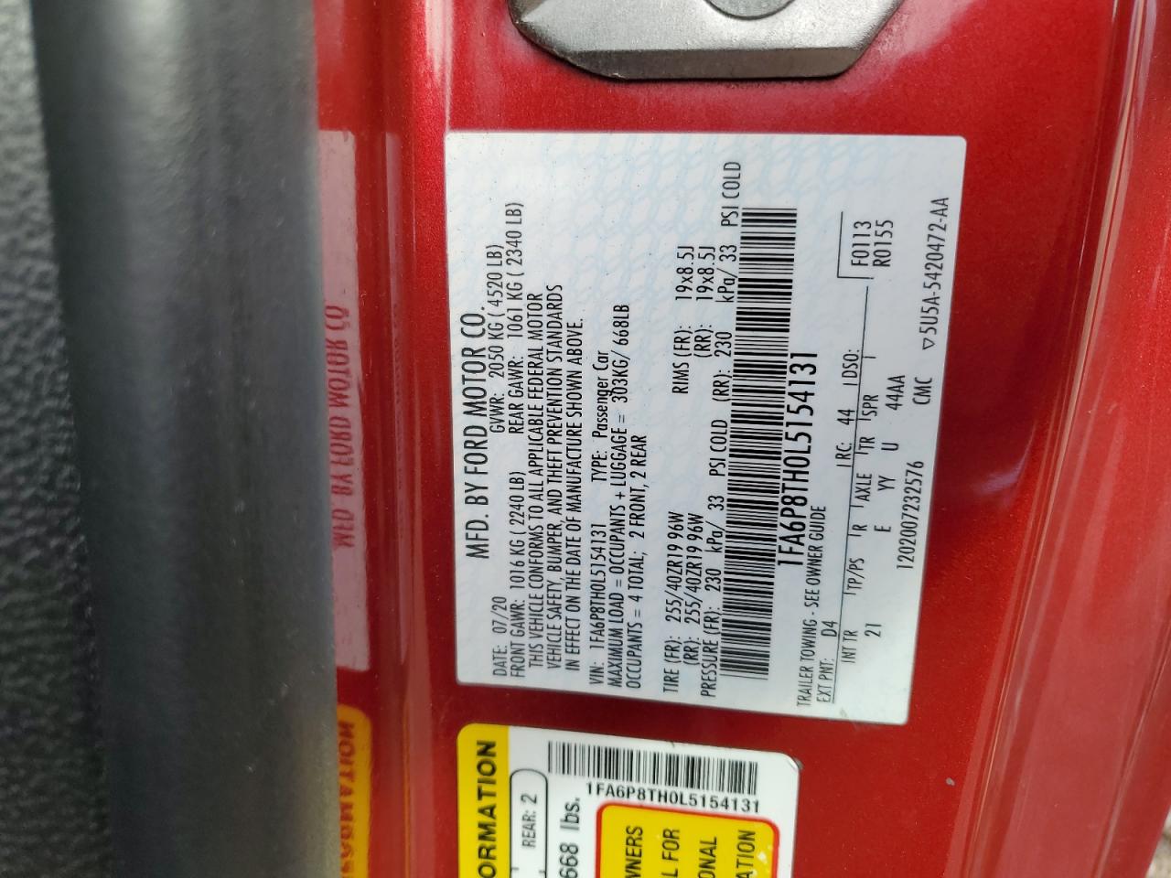 2020 Ford Mustang VIN 1FA6P8TH0L5154131 Copart auction photo, front end / minor dent/scratches damage thumbnail 12