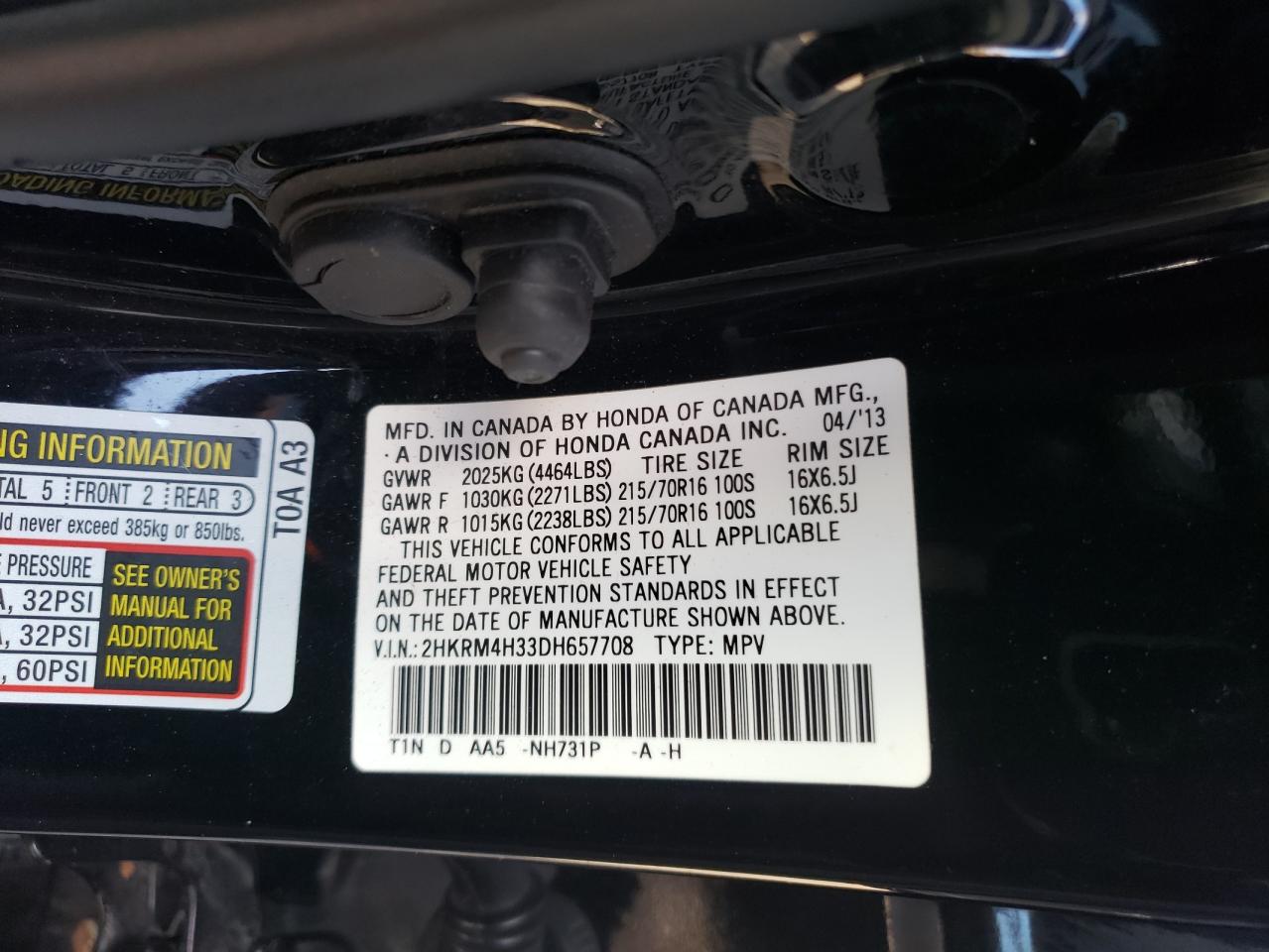 2013 Honda CR-V VIN 2HKRM4H33DH657708 Copart auction photo, front end damage thumbnail 13