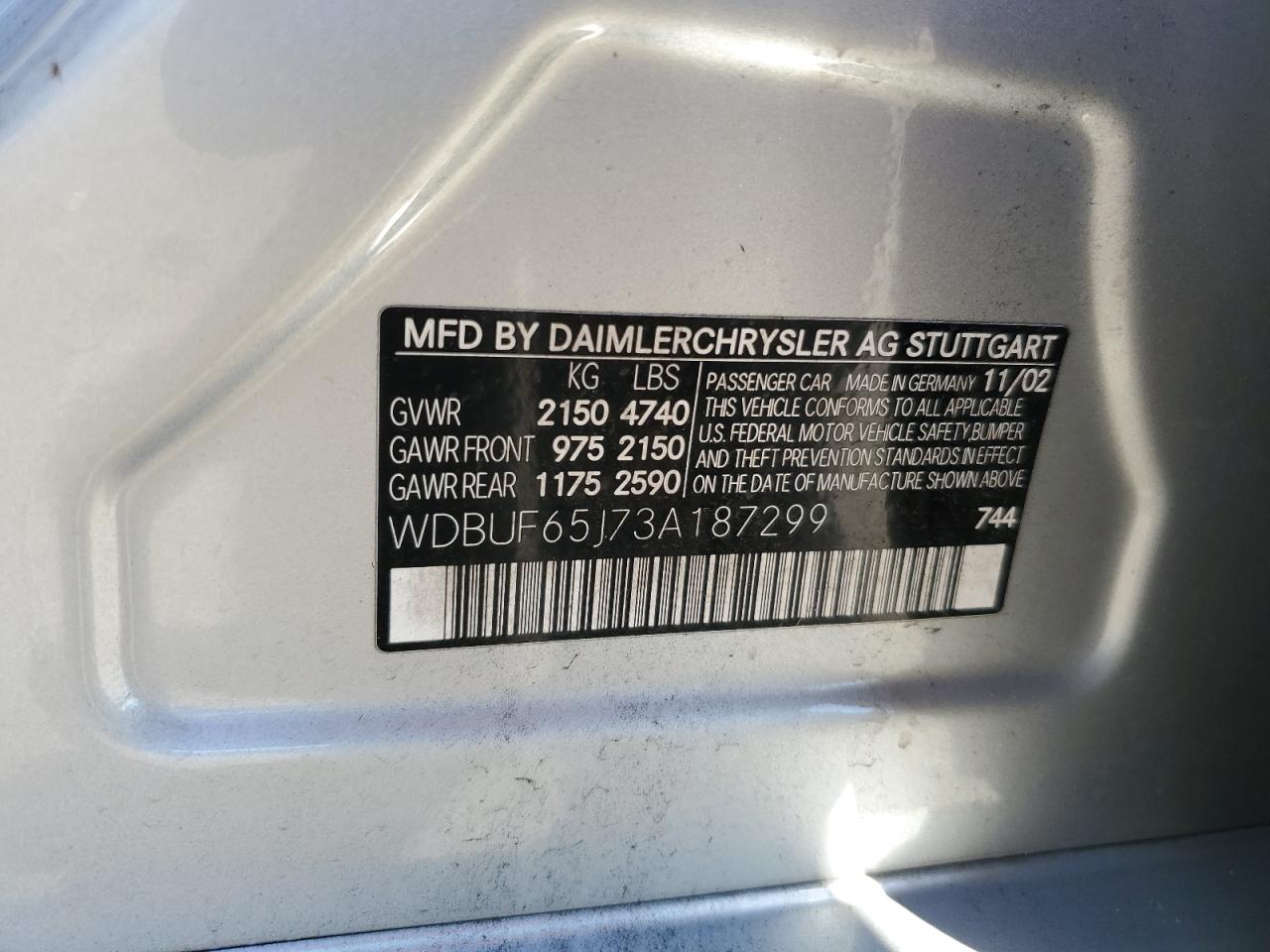 2003 Mercedes-Benz E-klasse VIN WDBUF65J73A187299 Copart auction photo, side damage thumbnail 14