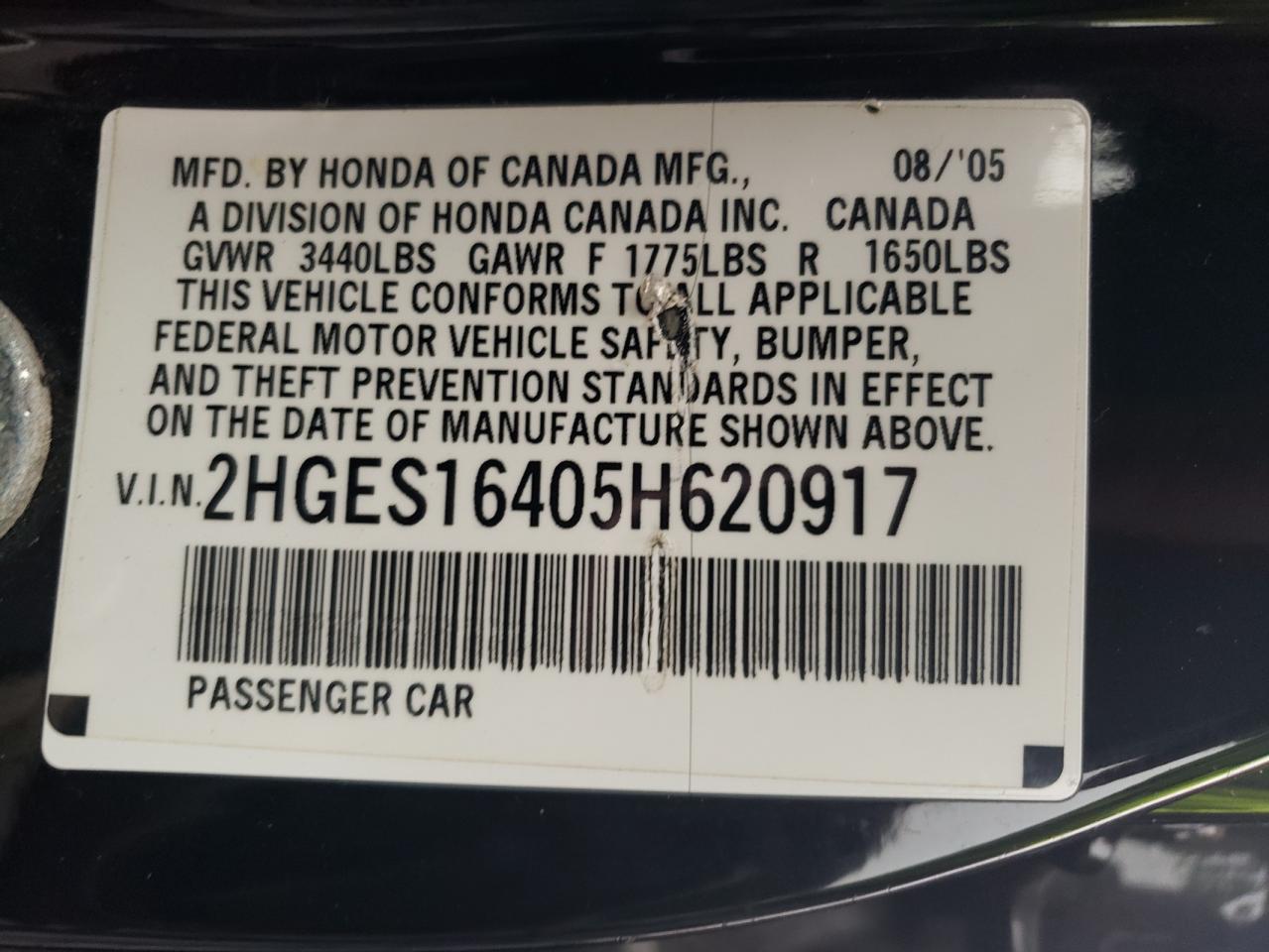 2005 Honda Civic VIN 2HGES16405H620917 Copart auction photo, rear end damage thumbnail 12