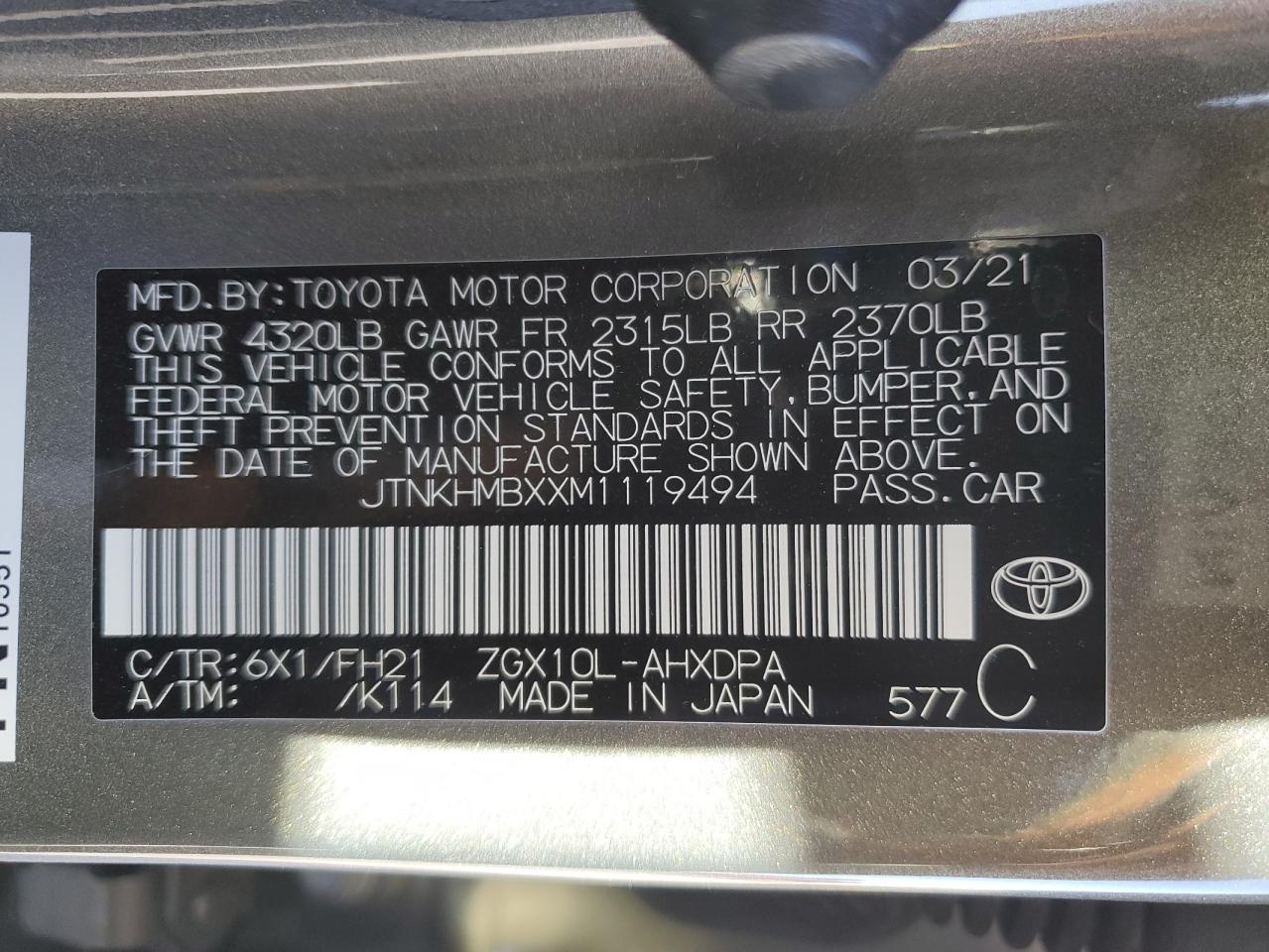 2021 Toyota C-HR VIN JTNKHMBXXM1119494 Copart auction photo, front end / undercarriage damage thumbnail 14