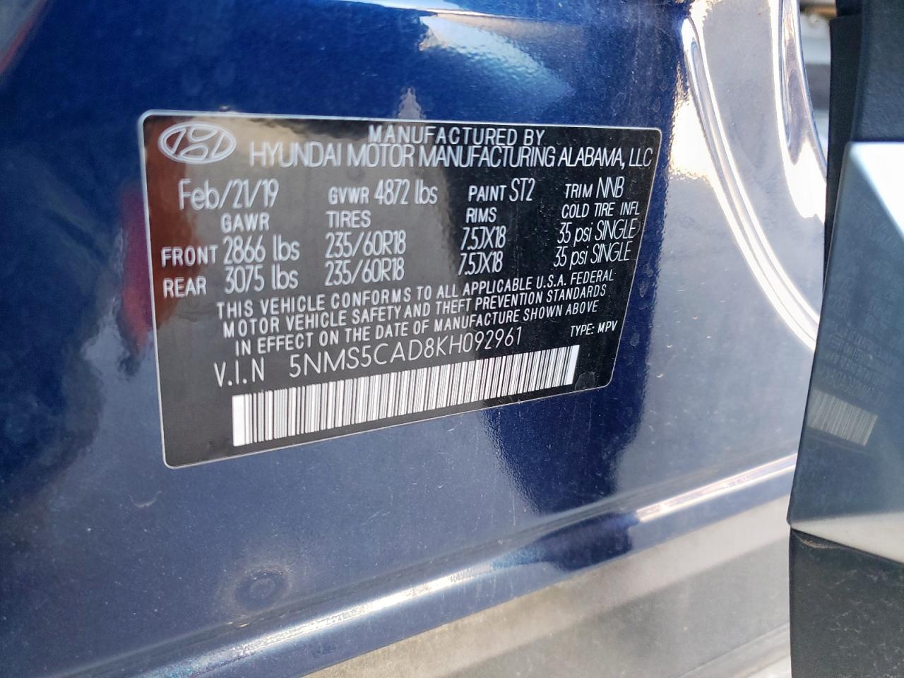 2019 Hyundai Santa Fe VIN 5NMS5CAD8KH092961 Copart auction photo, front end damage thumbnail 15