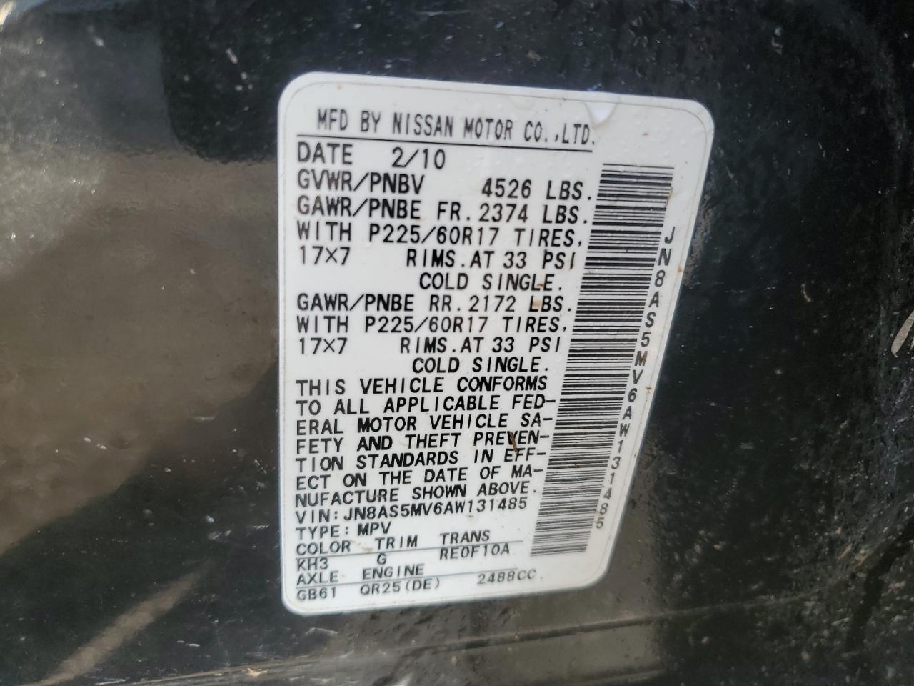 2010 Nissan Rogue VIN JN8AS5MV6AW131485 Copart auction photo, water/flood damage thumbnail 14