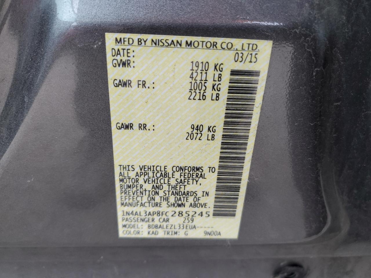 2015 Nissan Altima VIN 1N4AL3AP8FC285245 Copart auction photo, front end / side damage thumbnail 13